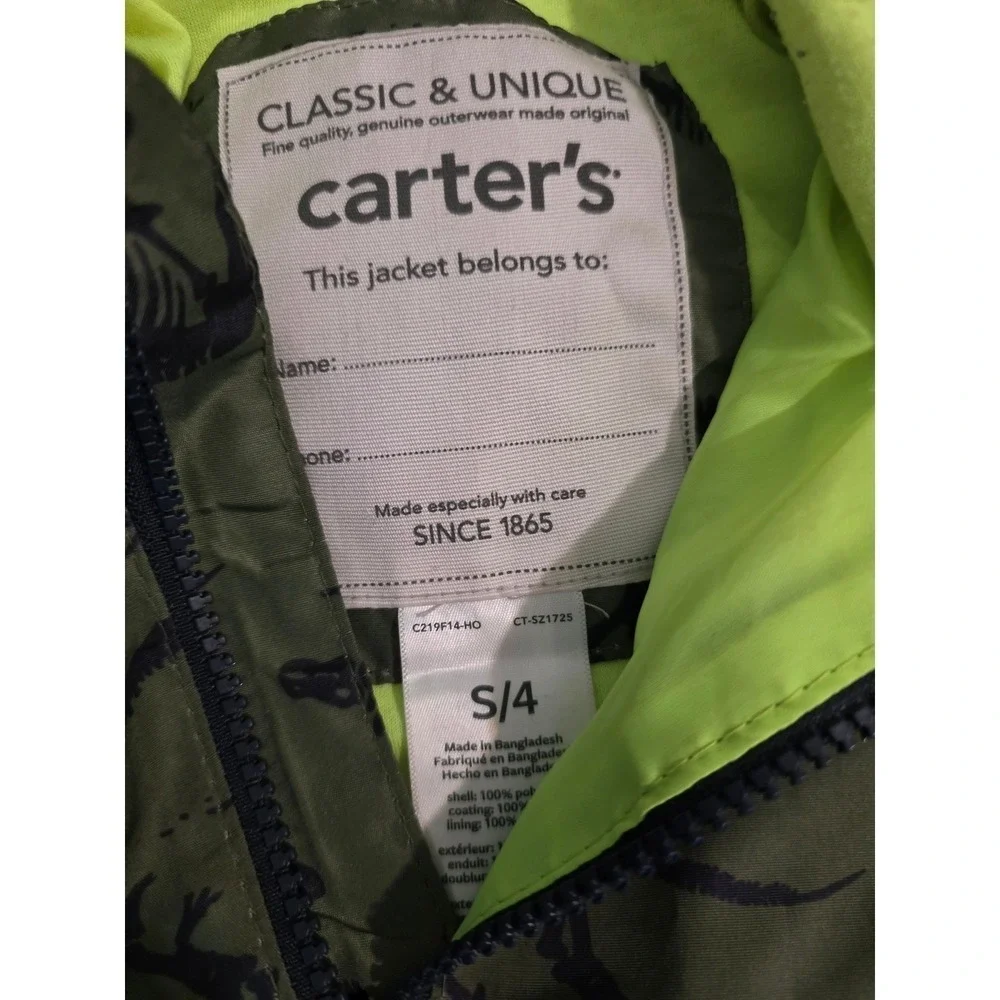 Boys Small Windbreaker Jacket, Back To School Carter's Dinosaur Olive Green
